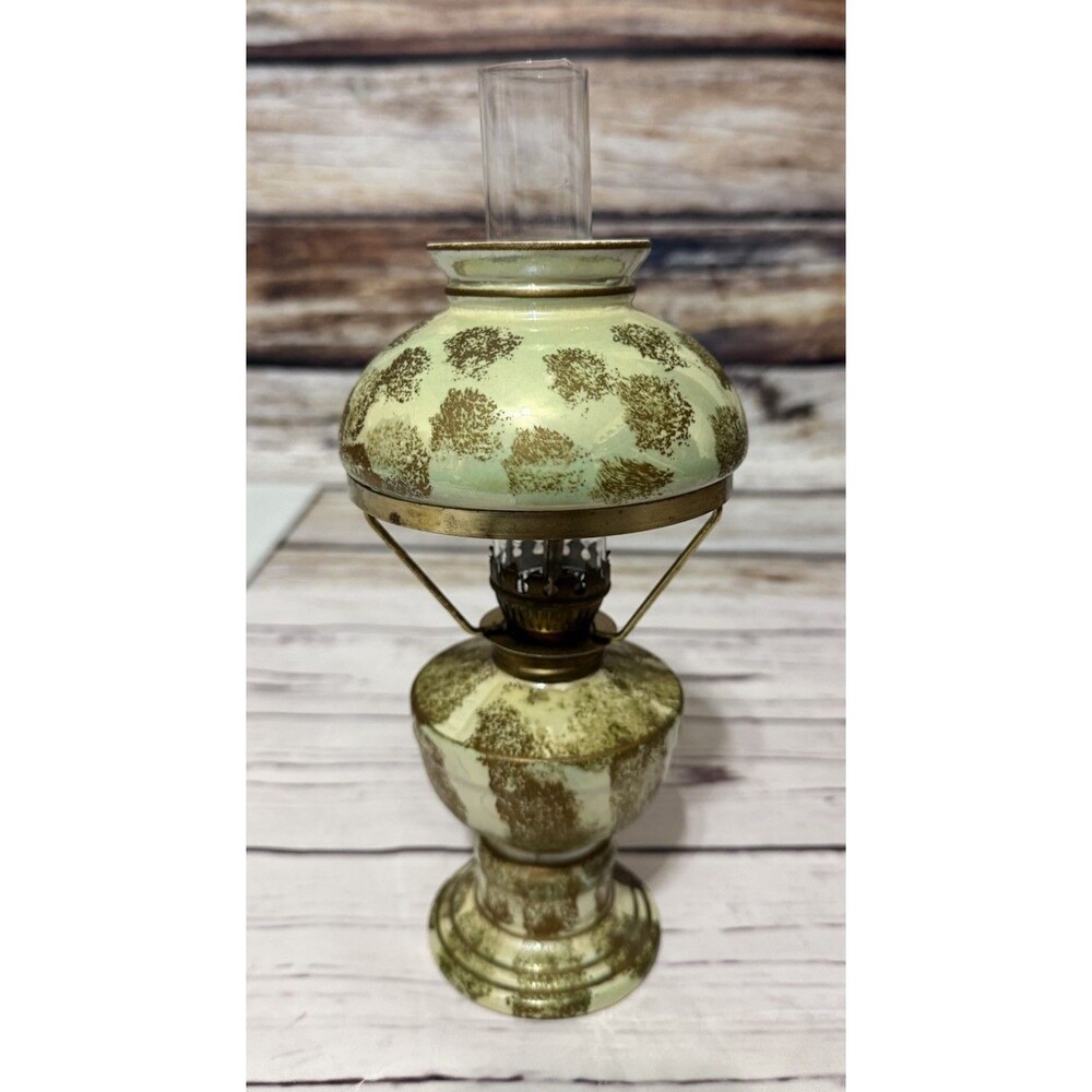 Miniature 9.5” Antique Oil Lamp Mint Green Gold Cottagecore